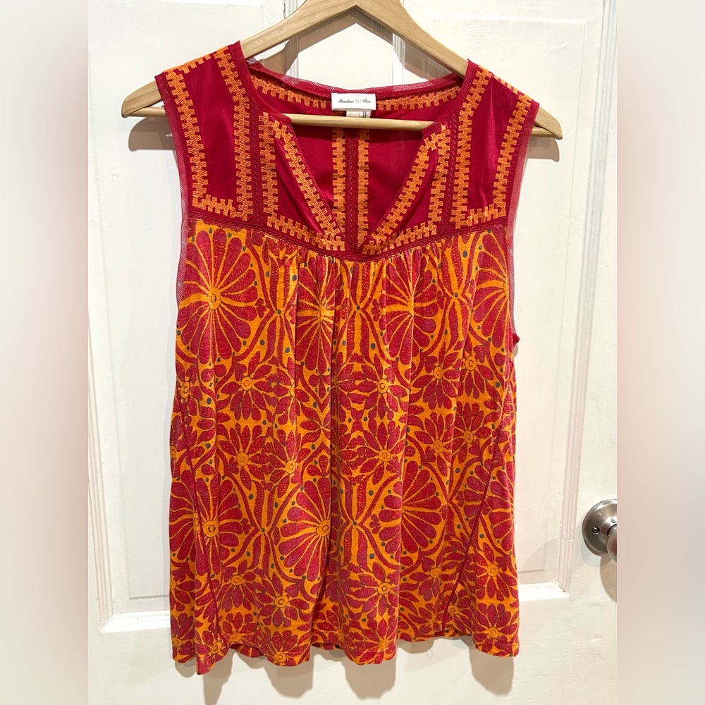 Meadow Rue Anthropologie Red Embroidered Boho Women's Top Hippie Peasant Size S